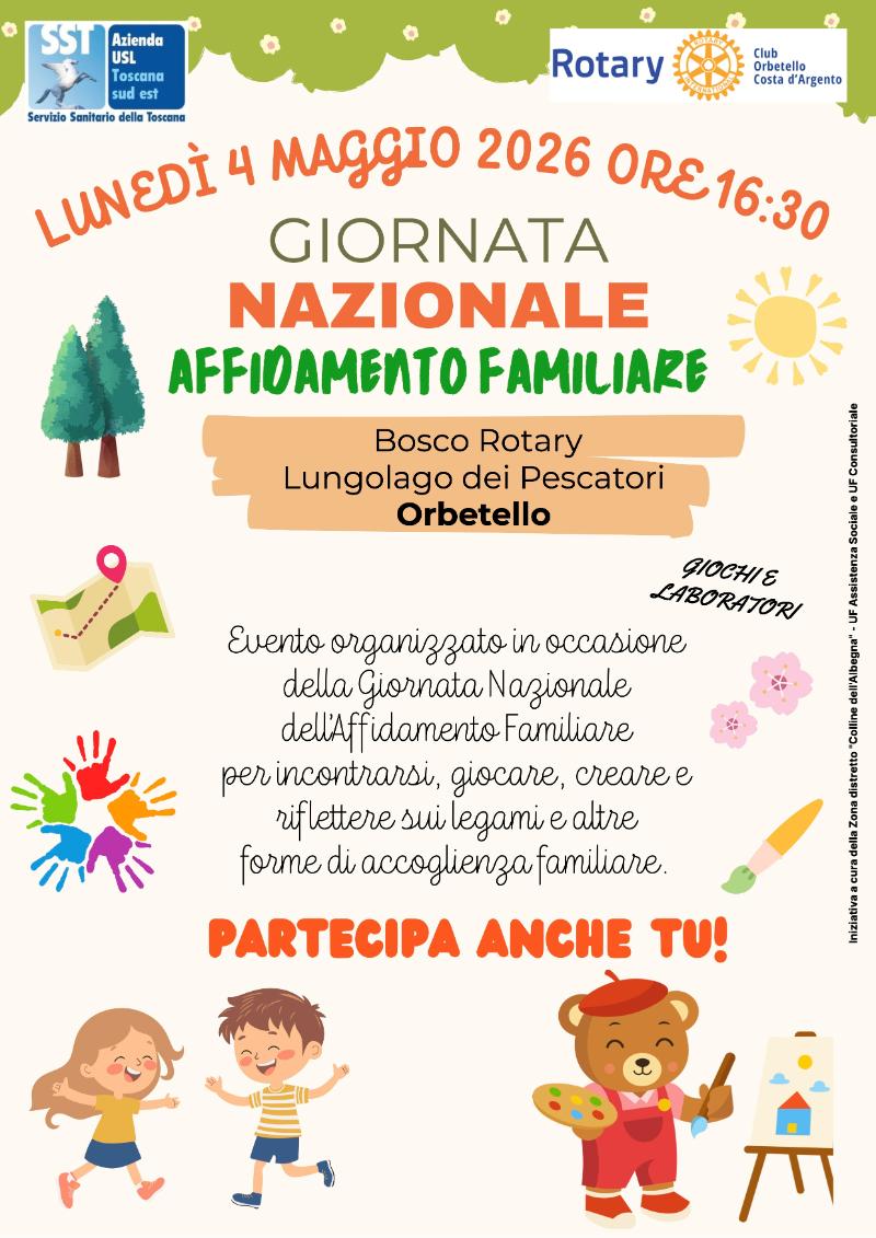 Locandina invito per lunedì 4 maggio alle 16 e 30 presso il bosco rotary ad orbetello