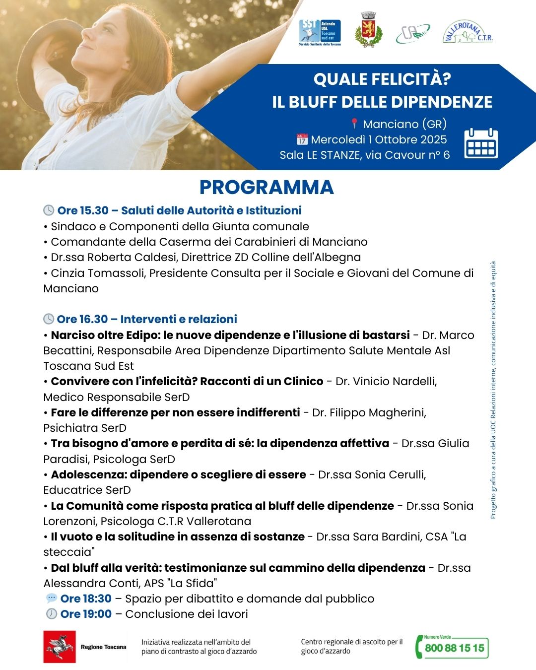 locandina convegno: Quale felicità? Il bluff delle dipendenze